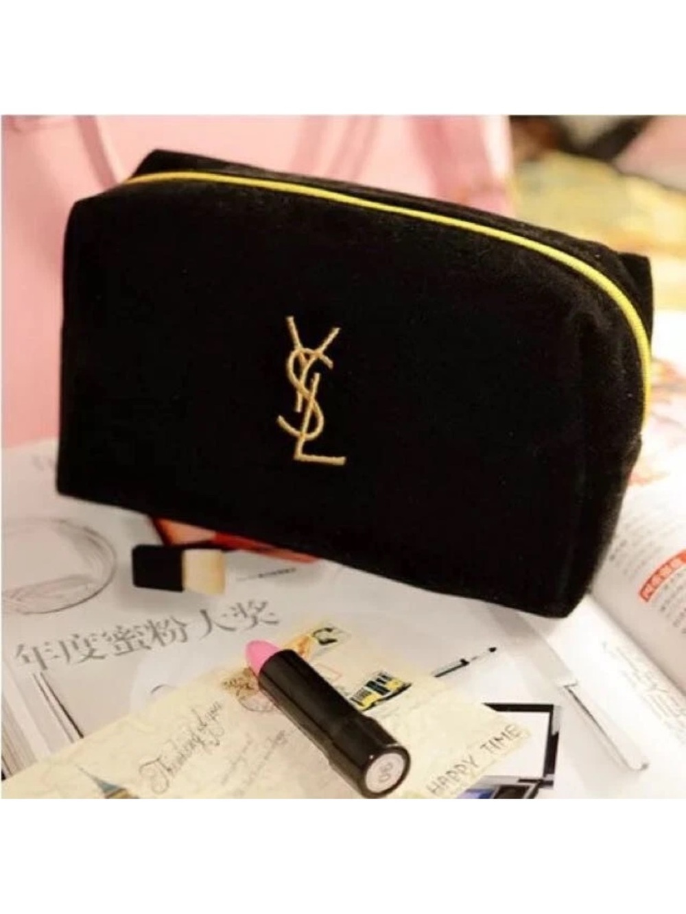 Yves Saint Laurent Black Velvet Pouch with Gold YSL Logo VIP GWP
